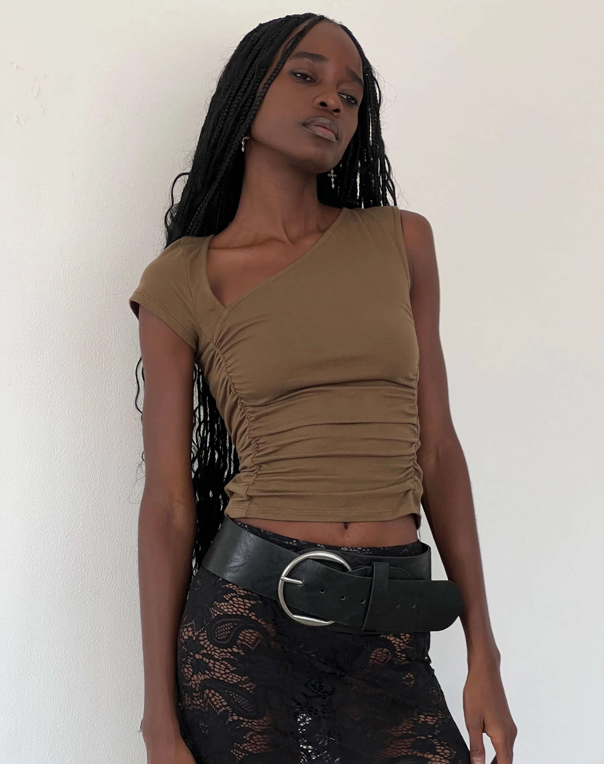 Sunhee Slash Neck Asymmetrical Top in Mocca - Awmao