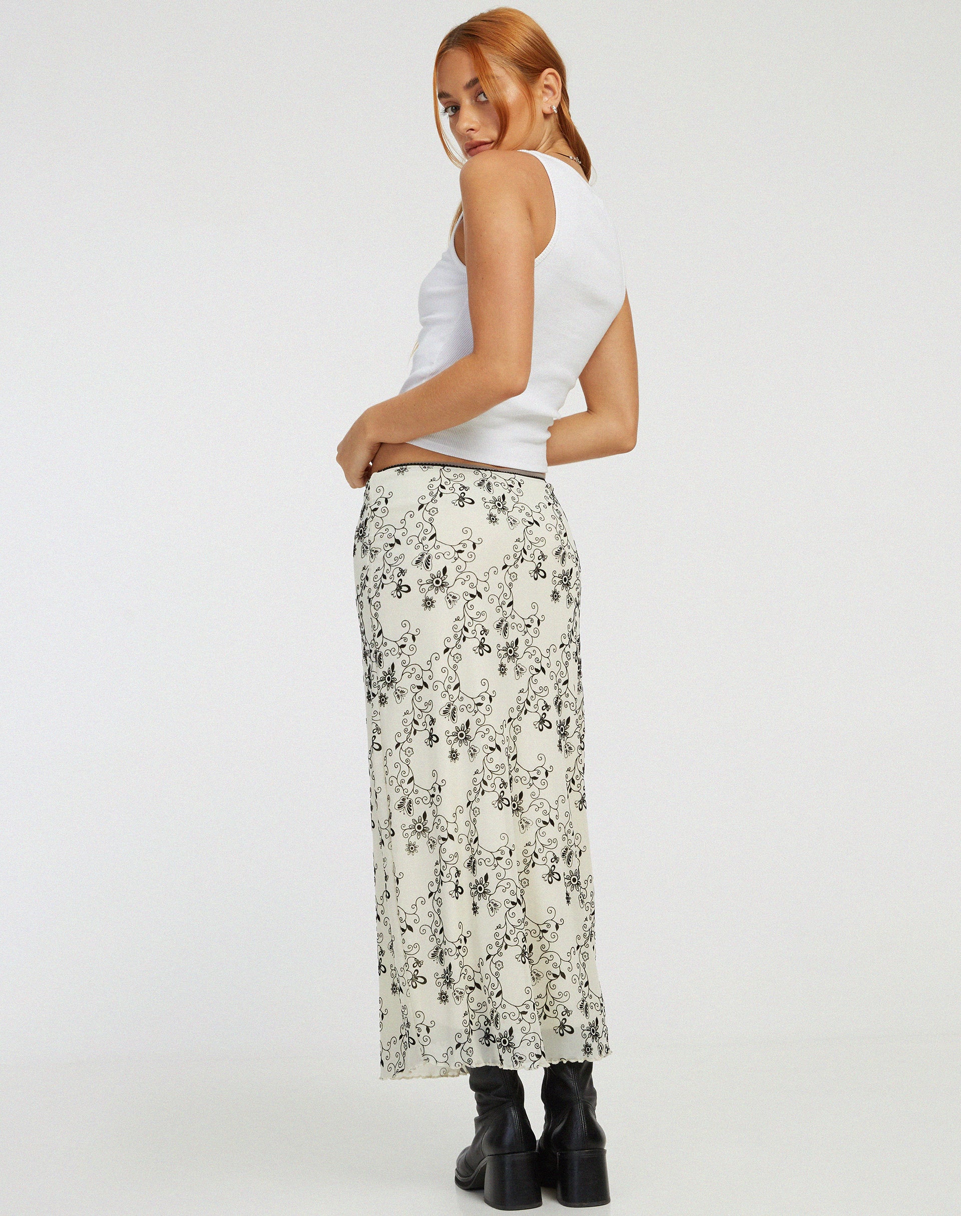 Lassie Maxi Skirt in Butterfly Vine Flock White - Awmao