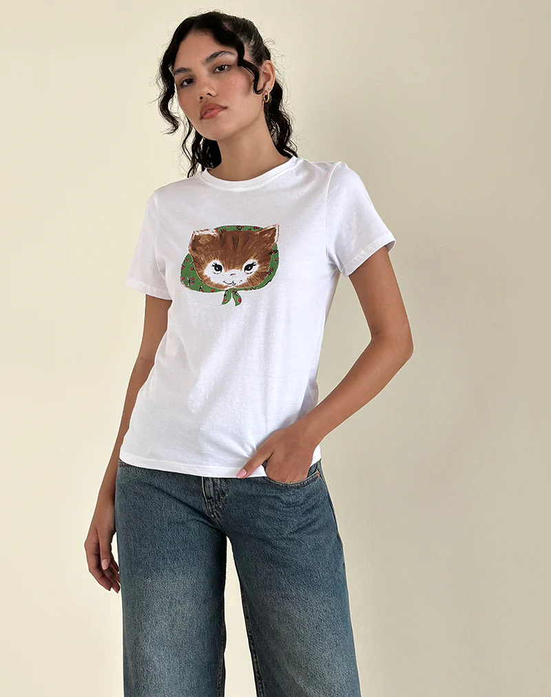 Saki White Tee in Kitty Print - Awmao