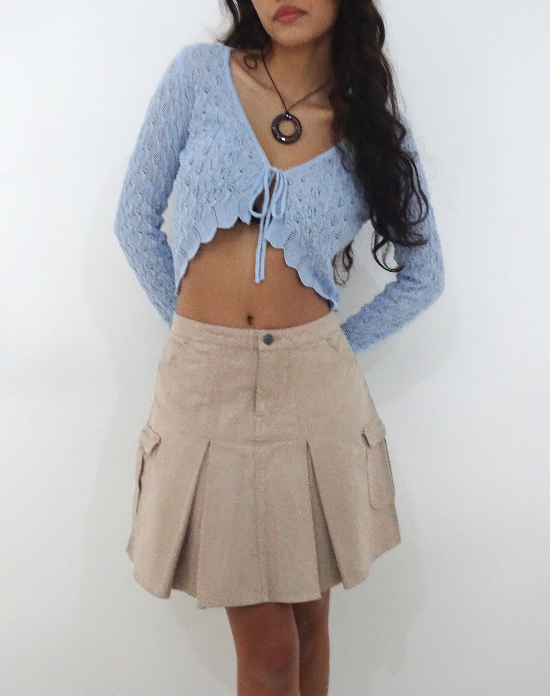 Moirai Low Waist Pleated Cargo Mini Skirt in Stone - Awmao