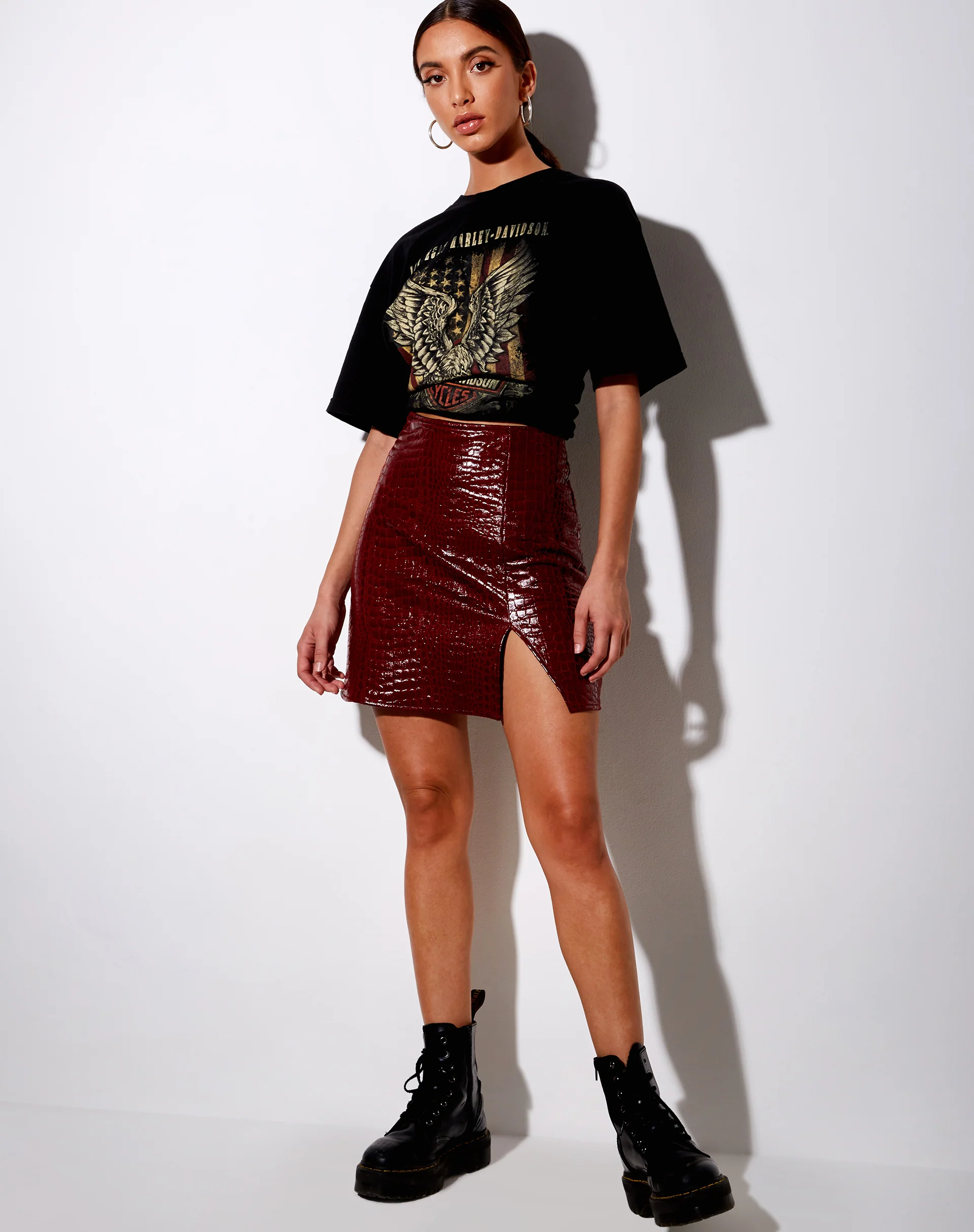 Wren Skirt in Croc PU Burgundy - Awmao