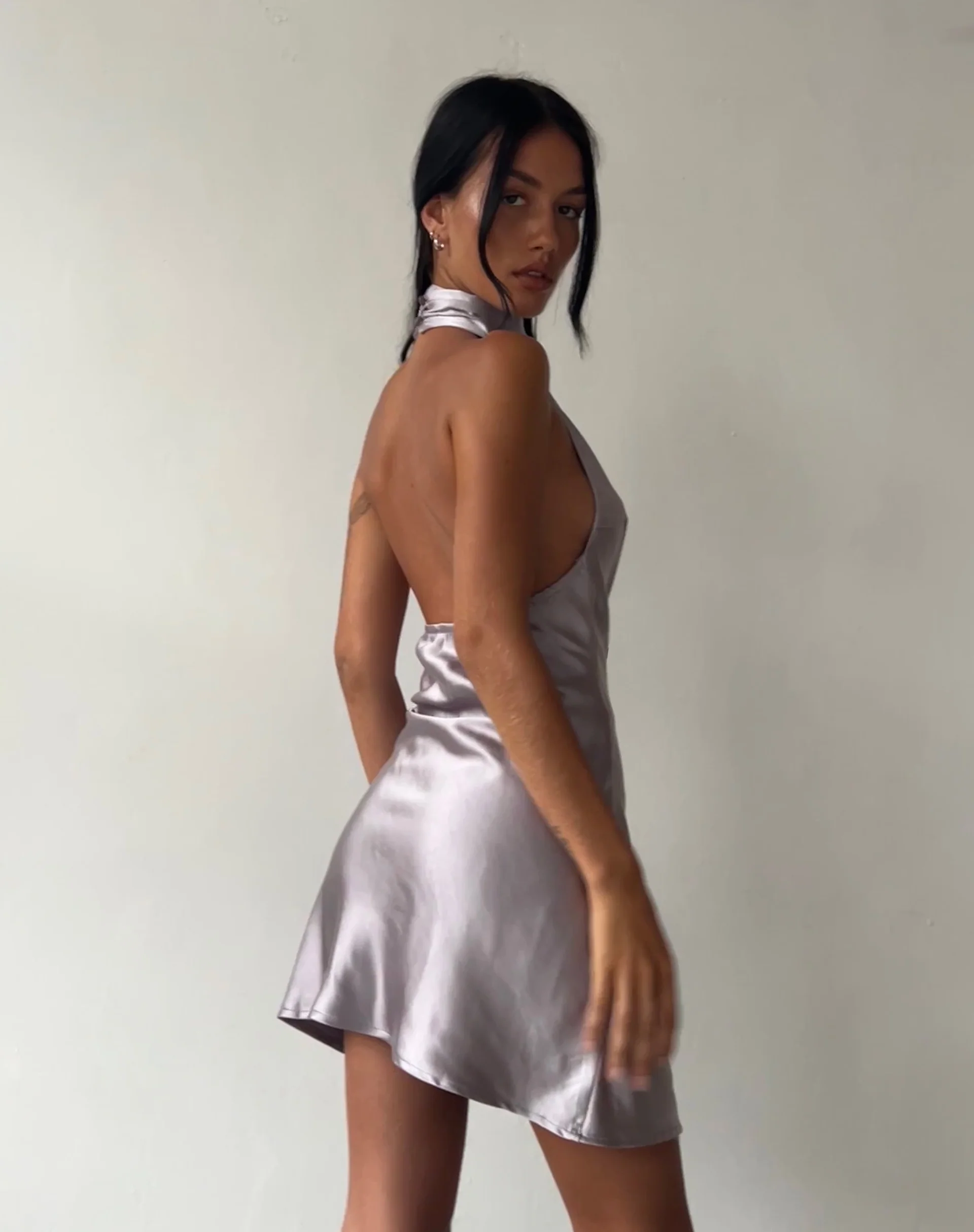 MOTEL X JACQUIE Atik Halterneck Mini Dress in Satin Silver - Awmao