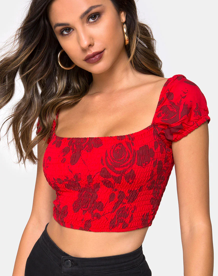 Alya Crop Top in Tonal Floral Red - Awmao