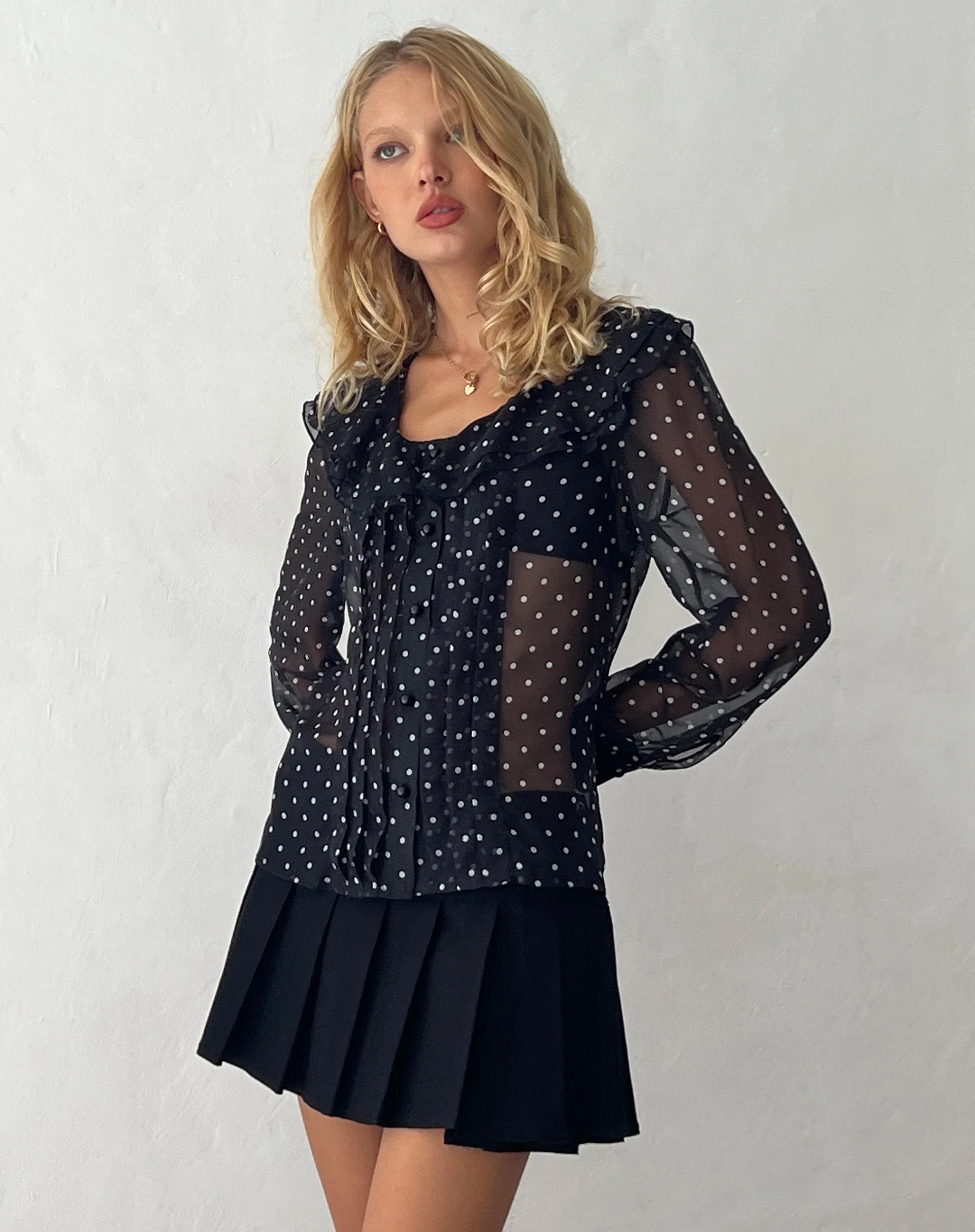 Zinnia Blouse in Polka Black Chiffon - Awmao