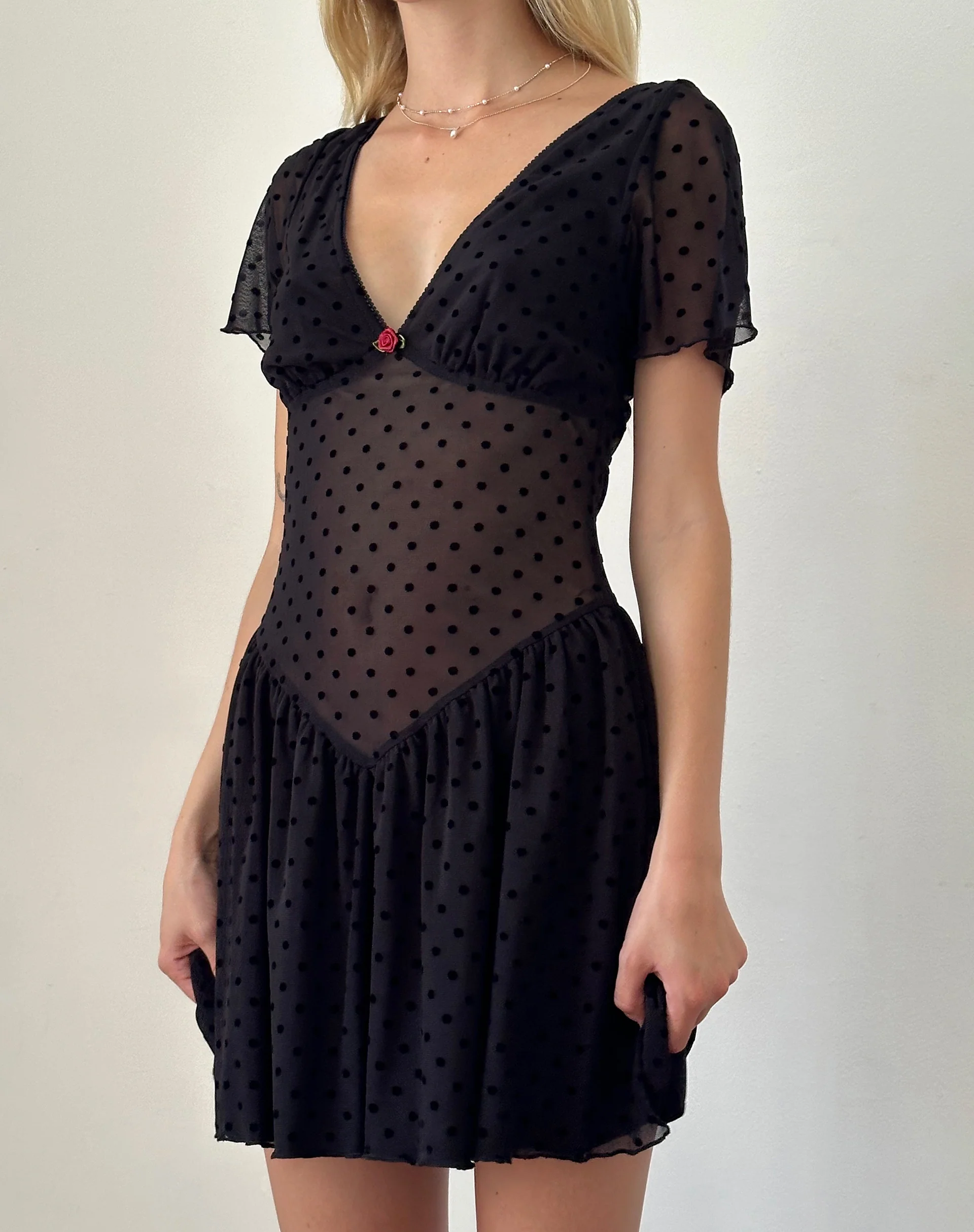 Geni Mini Dress in Polka Black Flock - Awmao
