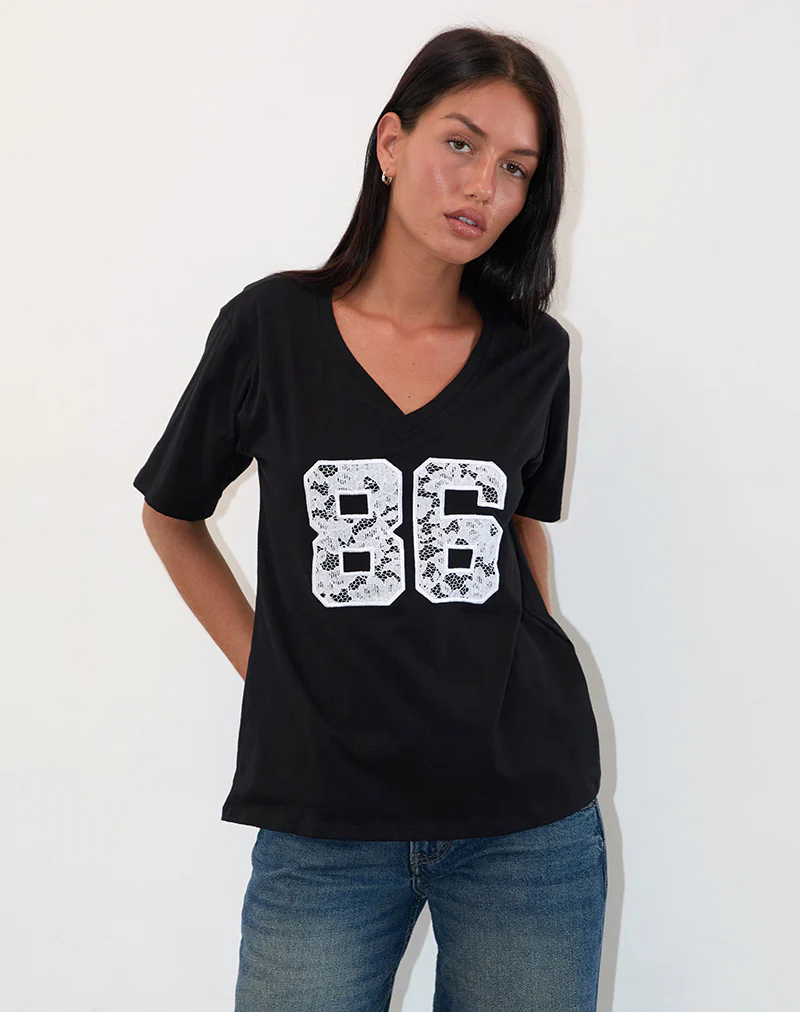 Blaine Oversized Tee in Black with 86 White Lace Embroidery - Awmao
