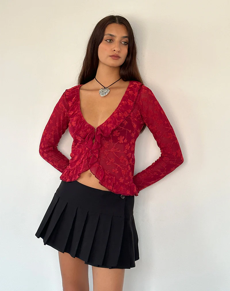 Noemi Cardigan in Red Grunge Floral Flock - Awmao