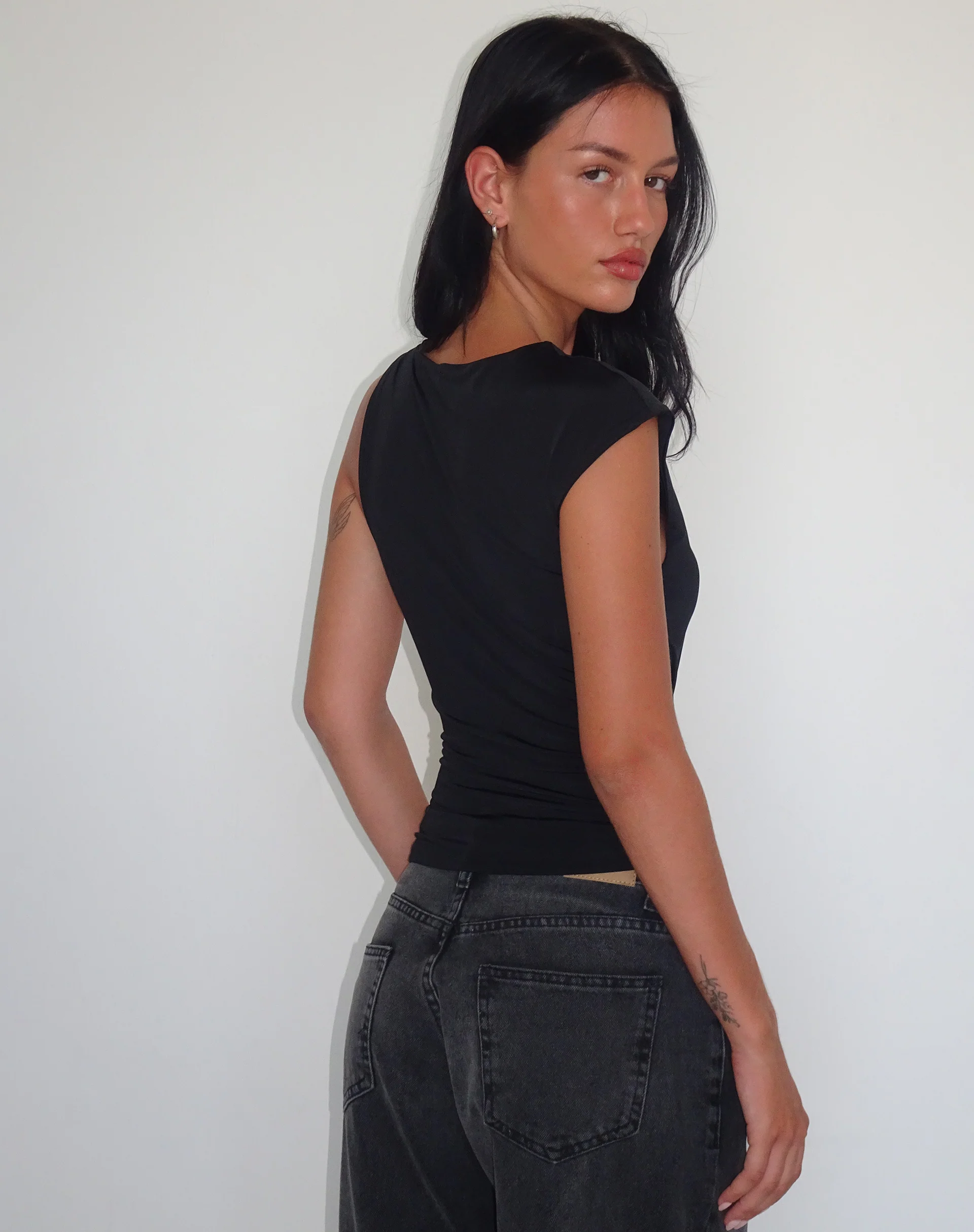 Cambrie Asymmetrical Sleeveless Top in Black - Awmao
