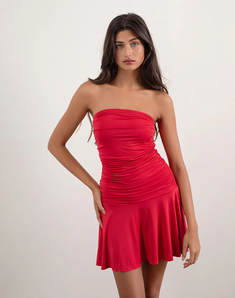 Yasmin Bandeau Mini Dress in Slinky Red - Awmao