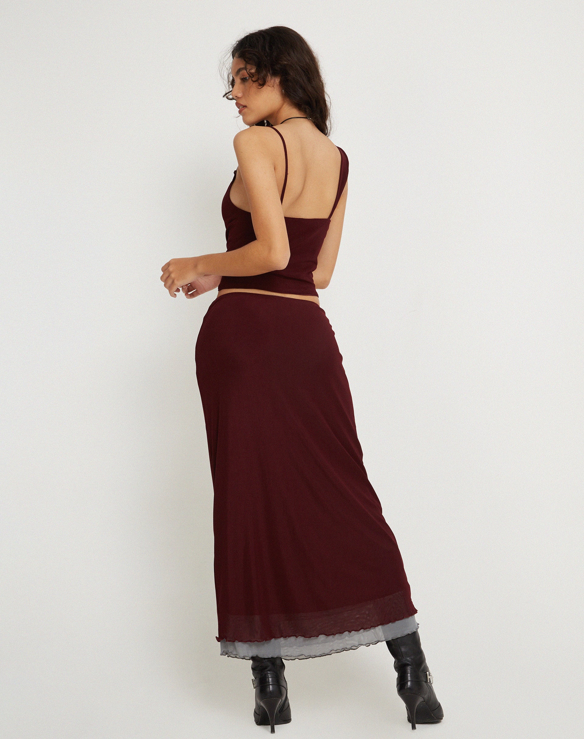 Tresha Maxi Skirt in Mesh Burgundy - Awmao