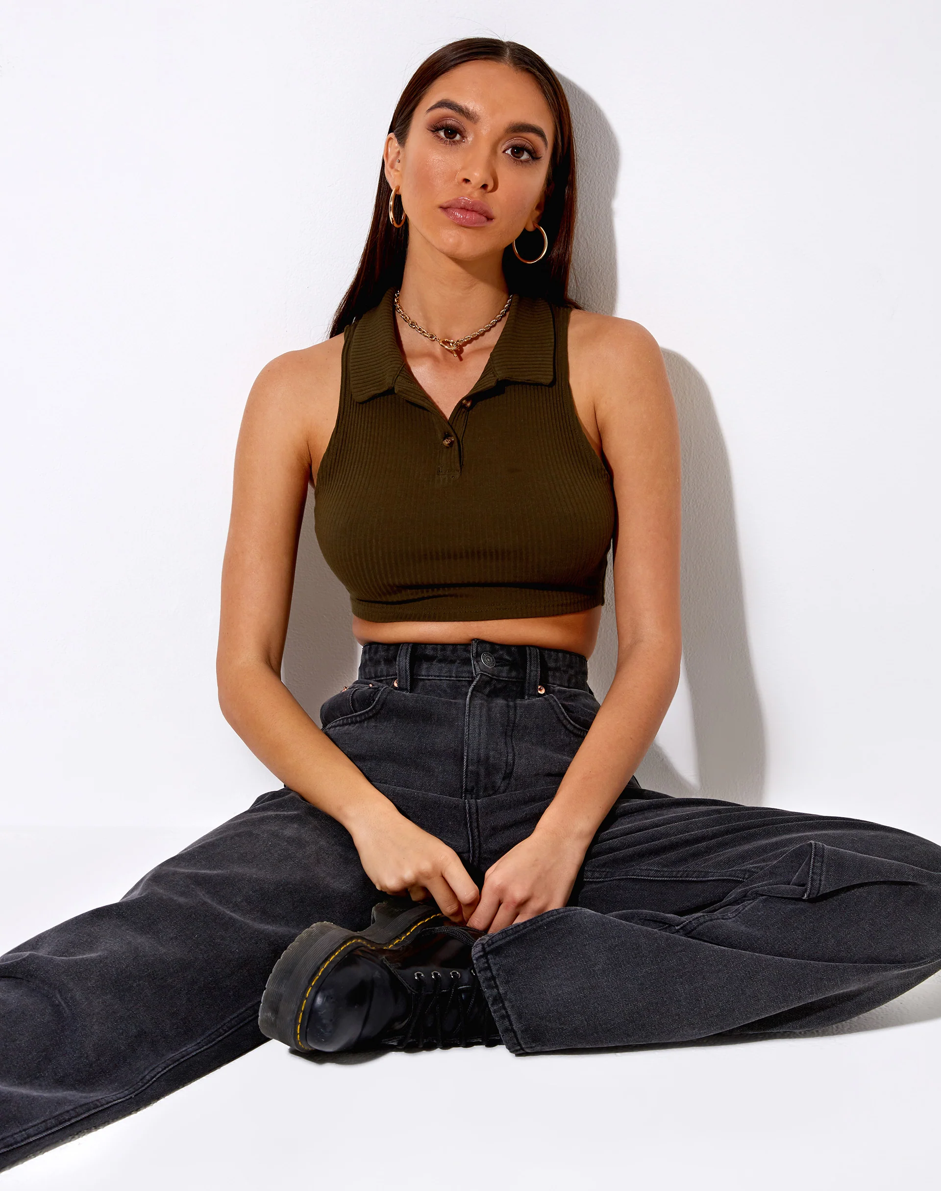 Guaco Crop Top in Rib Khaki - Awmao