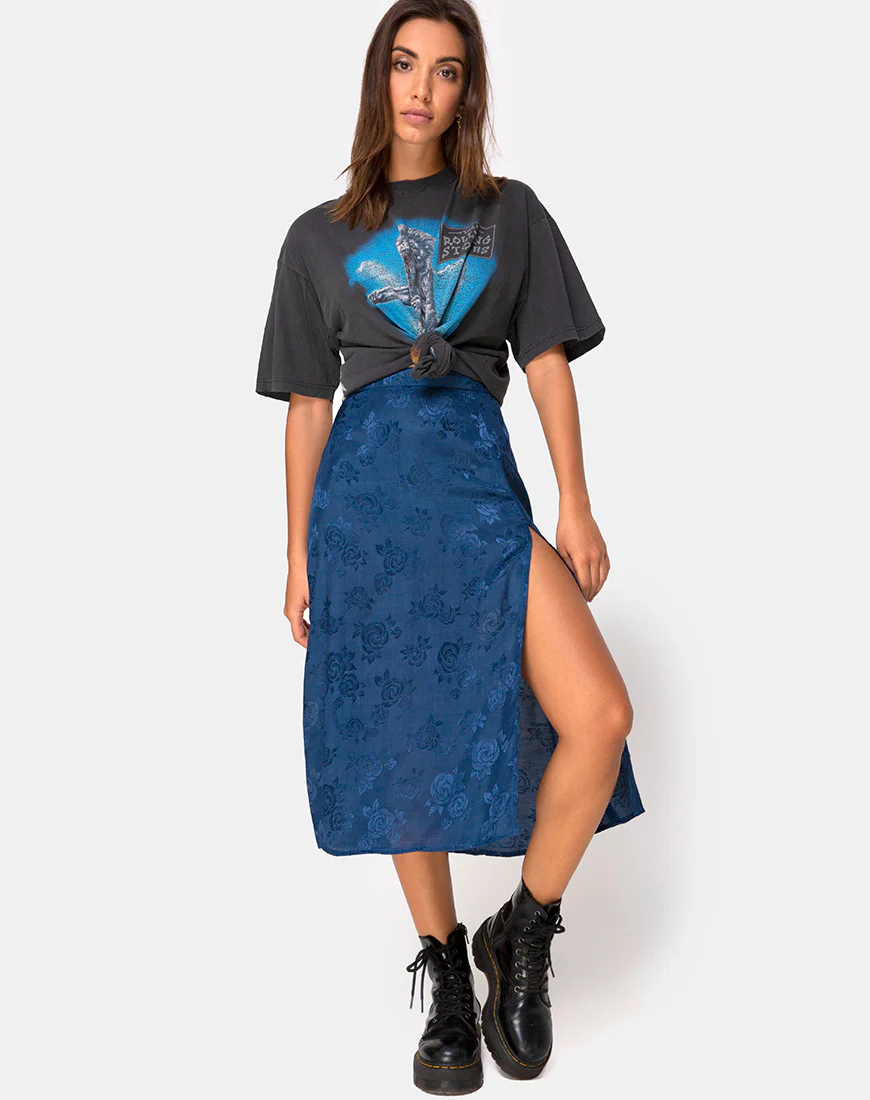 Saika Midi Skirt in Satin Rose Navy - Awmao