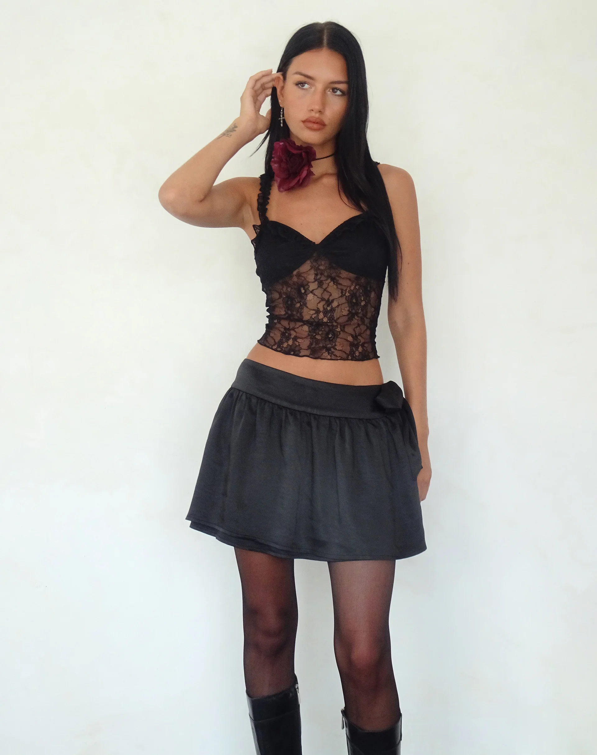 Habema Wrap Mini Skirt in Satin Black - Awmao