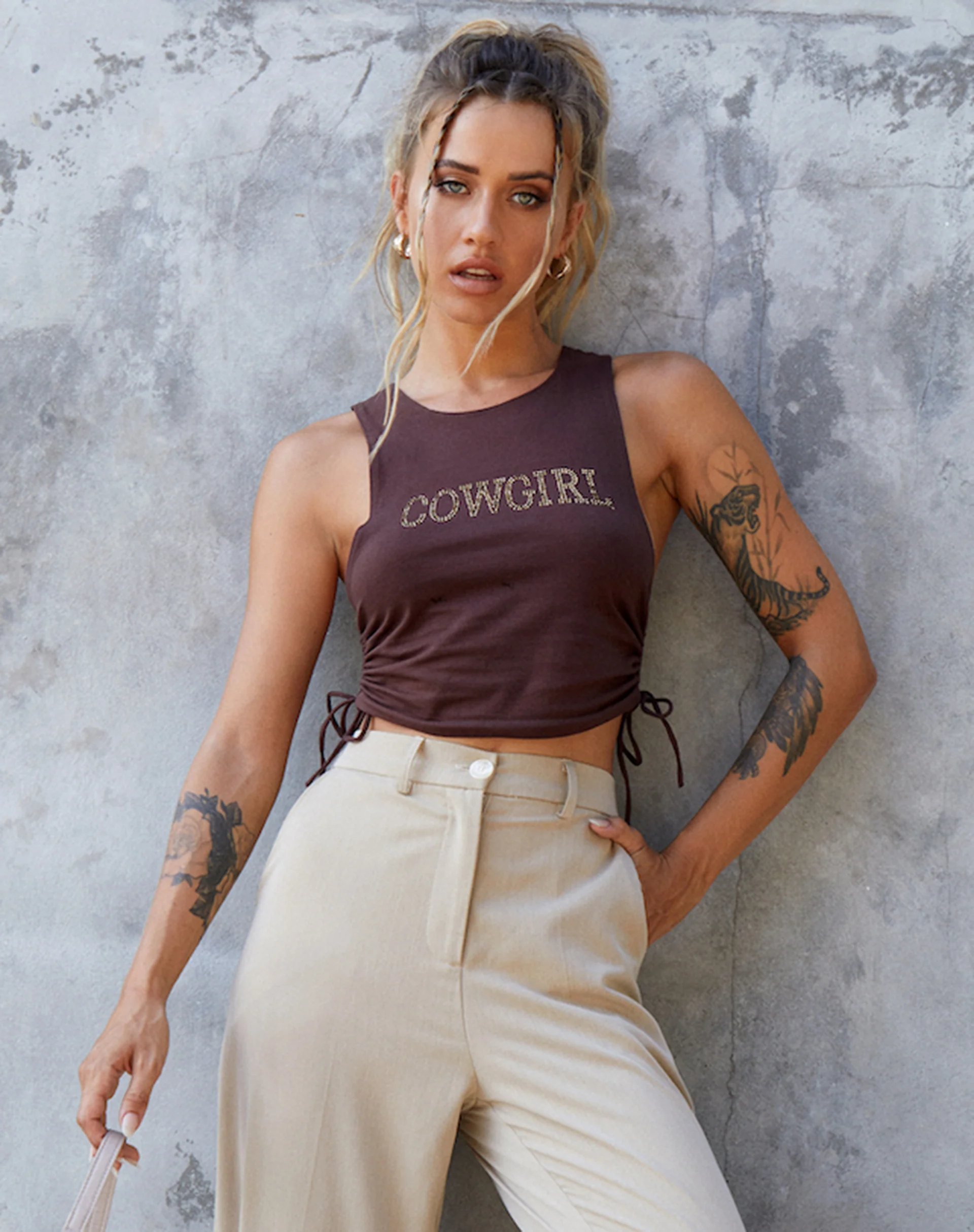 Raze Vest Top in Brown 'Cowgirl' Hotfix - Awmao