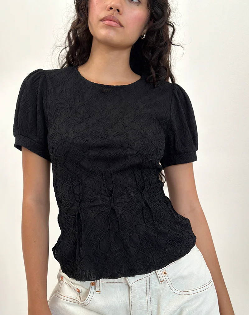 Jaina Puff Sleeve Top in Textured Black - Awmao
