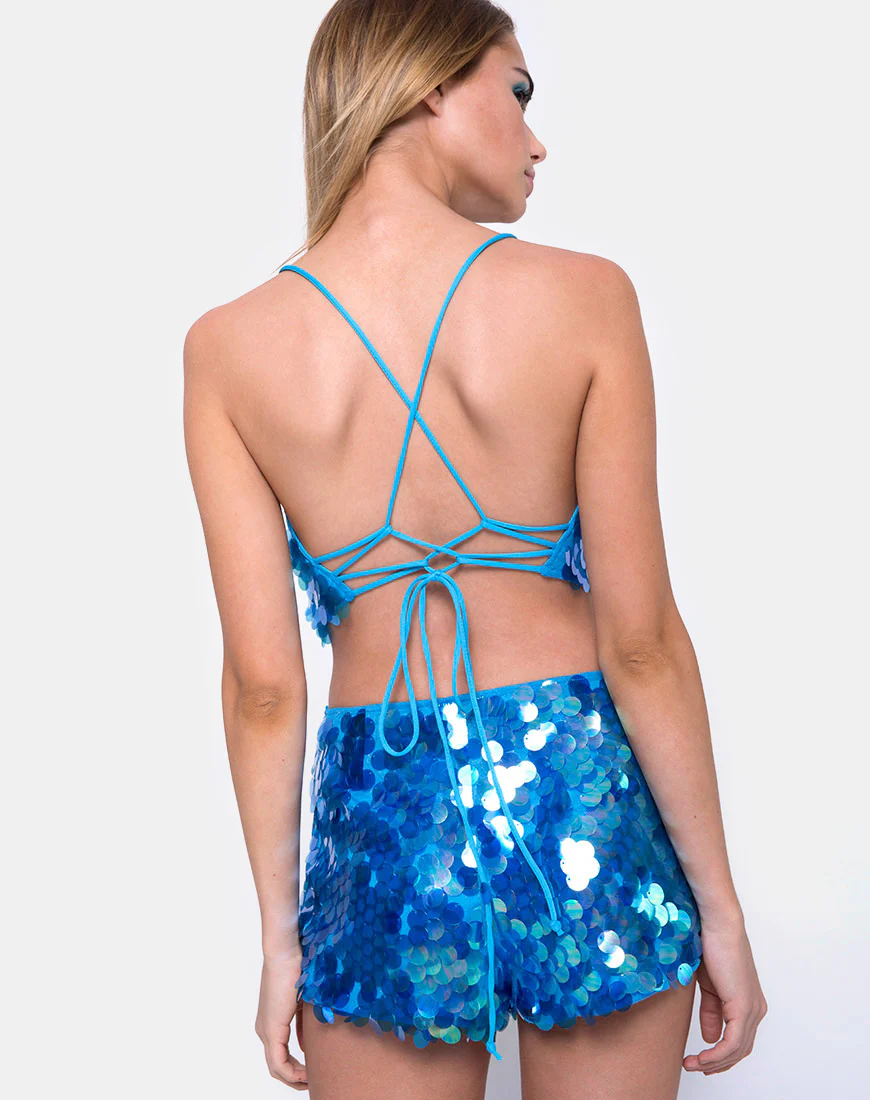 Angel Crop Top in Fishcale Disc Sequin Marine - Awmao