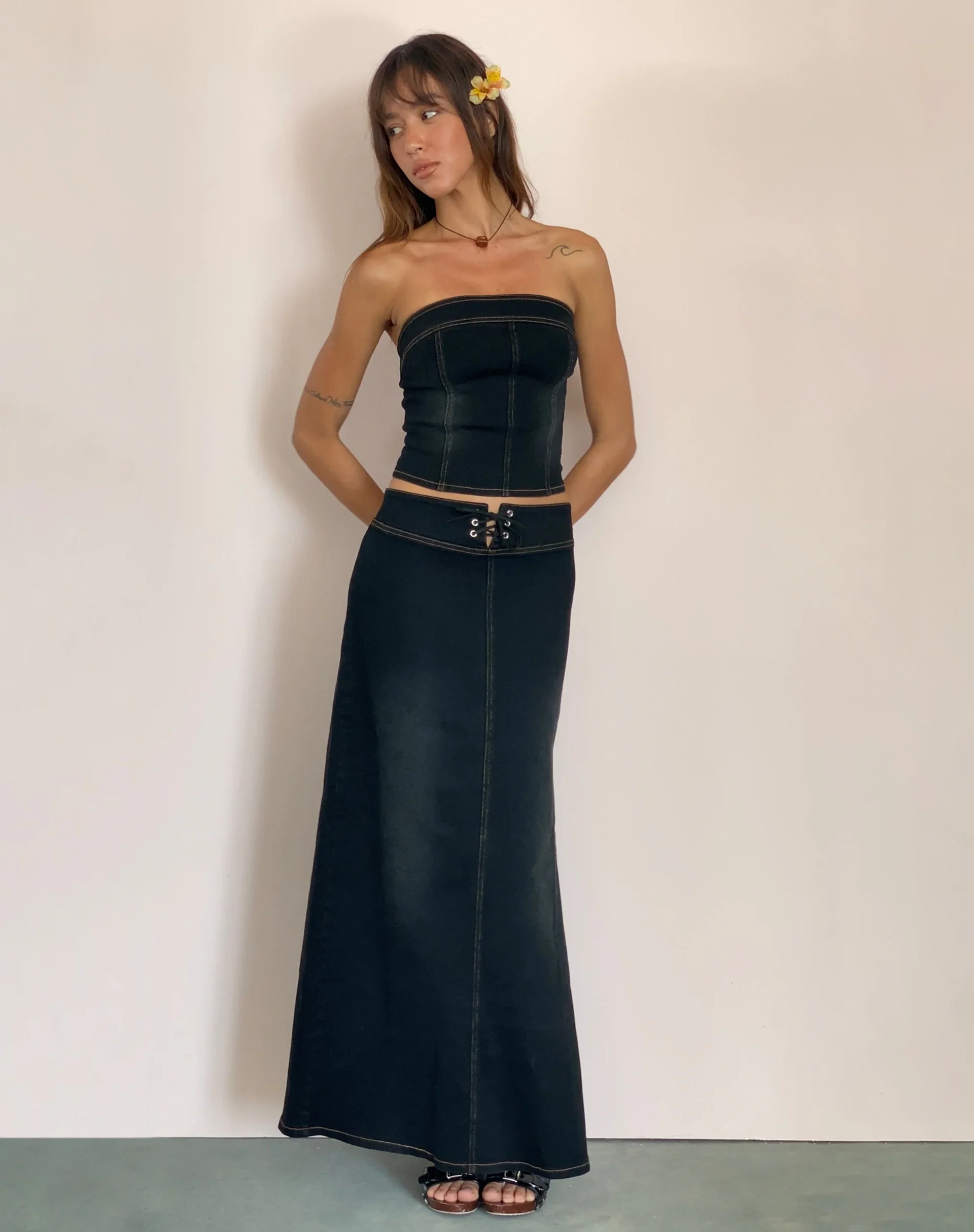 Lafille Denim Maxi Skirt in Black Wash - Awmao