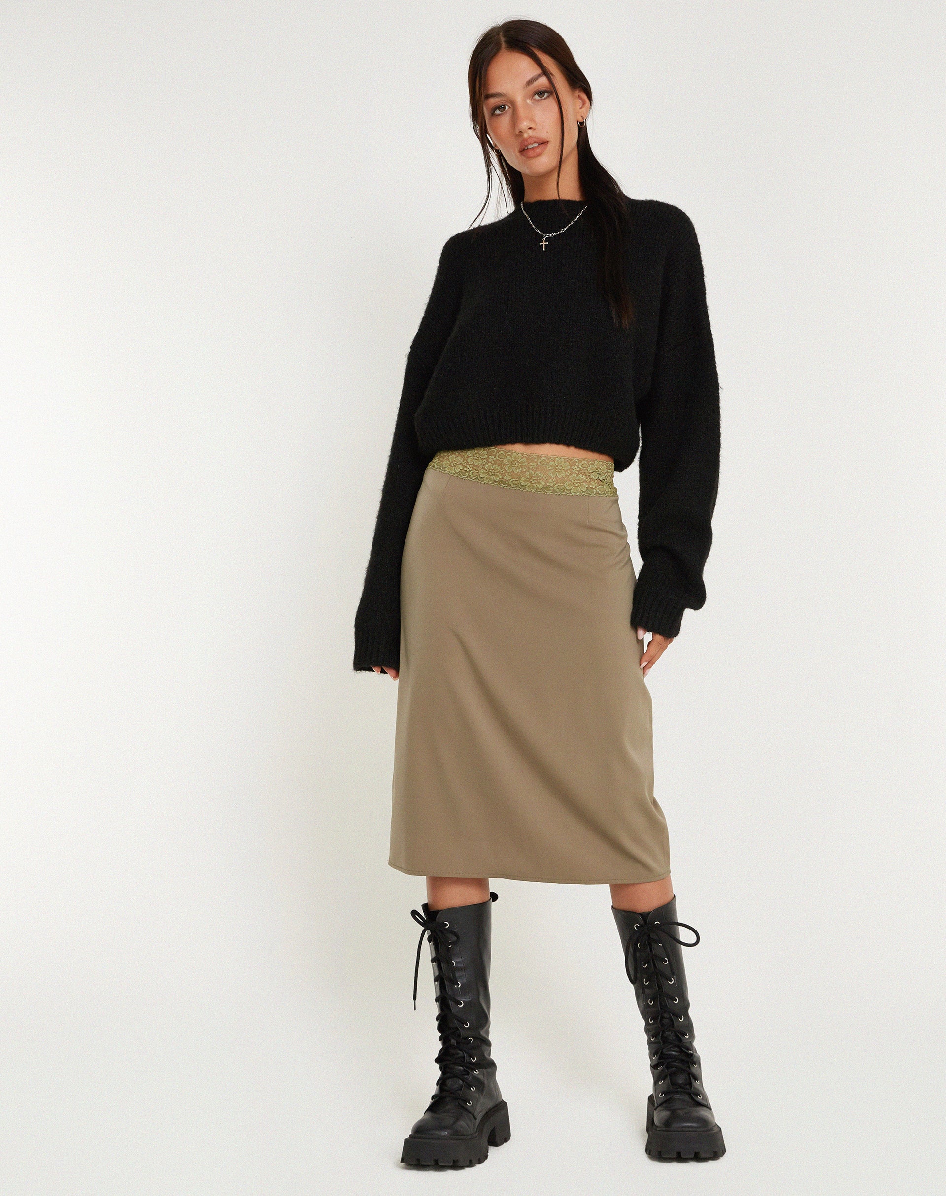 Golda Midi Skirt in Satin Avocado - Awmao
