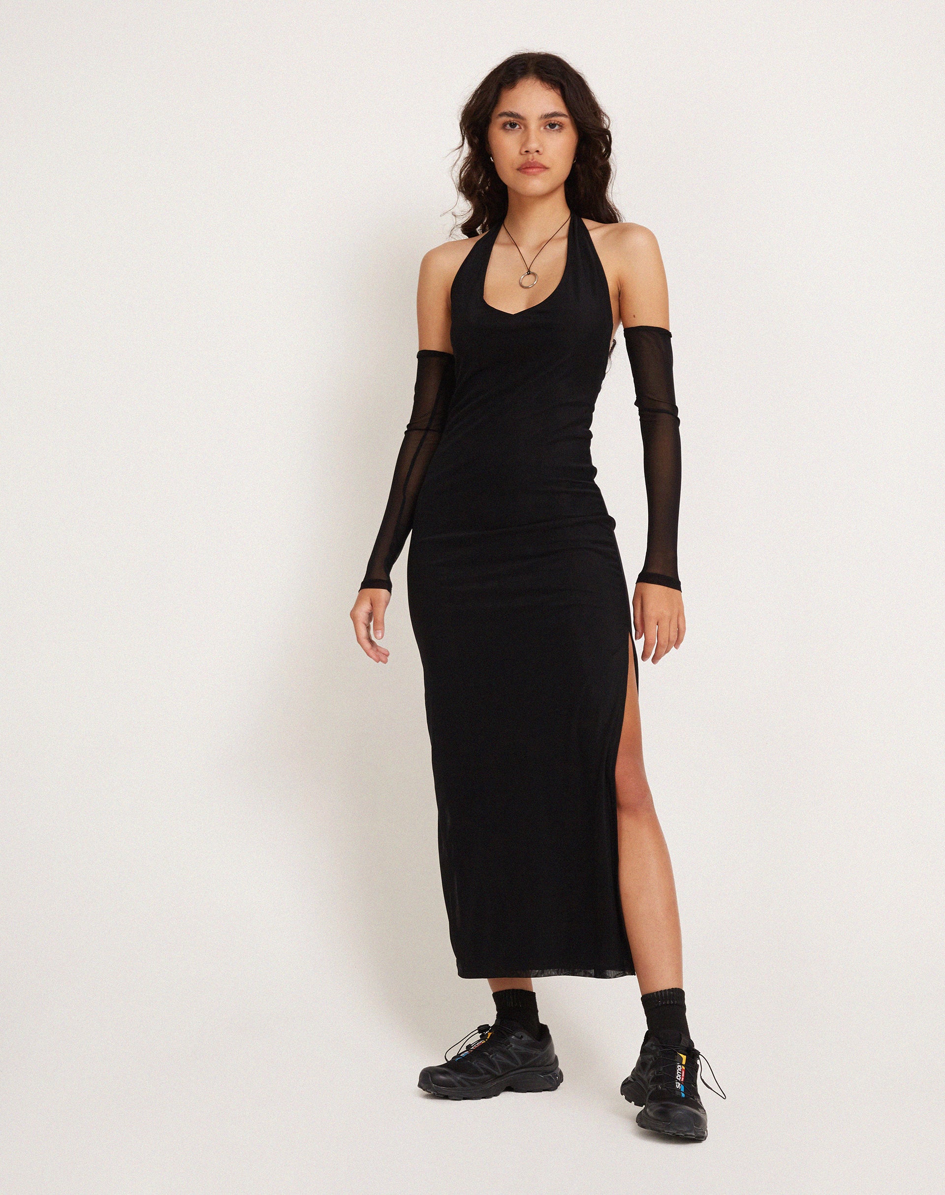 Asmala Halterneck Maxi Dress and Sleeve Set in Black Mesh - Awmao