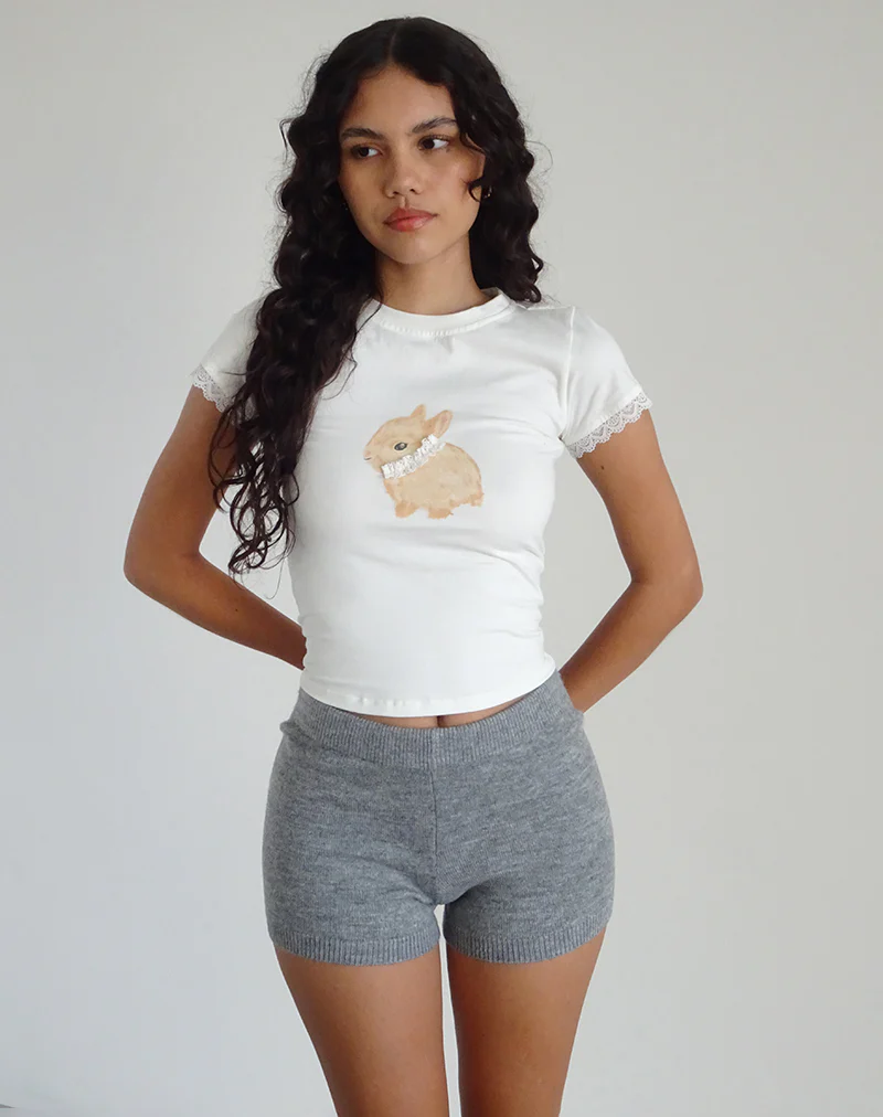 Izzy Baby Tee in Off White with Rabbit Print - Awmao