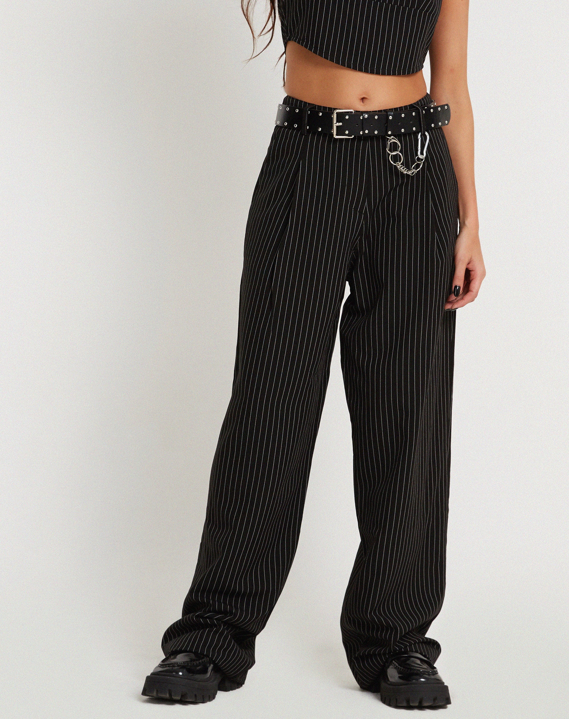 Saskira Wide Leg Trouser in Pinstripe Black - Awmao