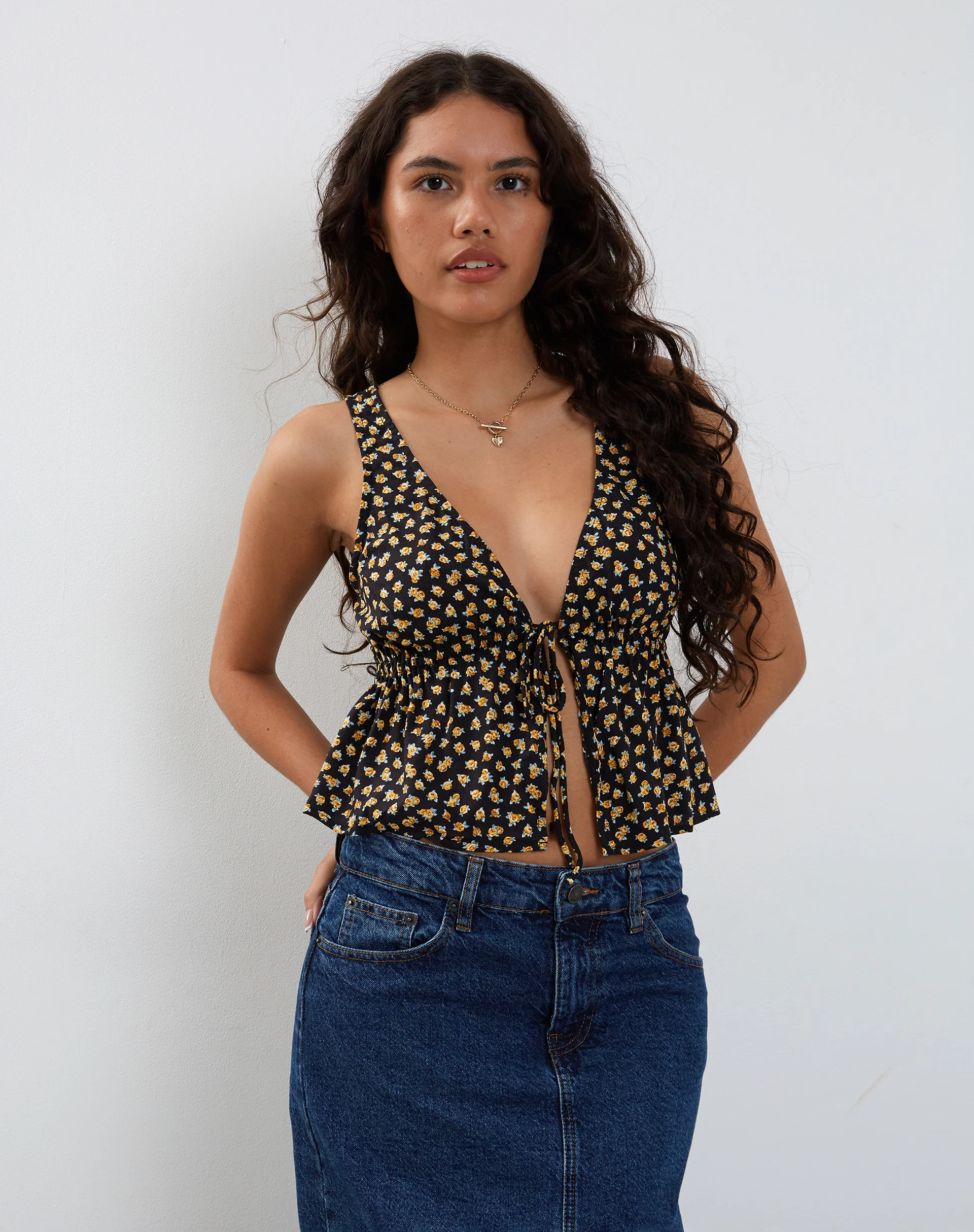 Rolia Tie Front Top in Ditsy Floral Bronze - Awmao