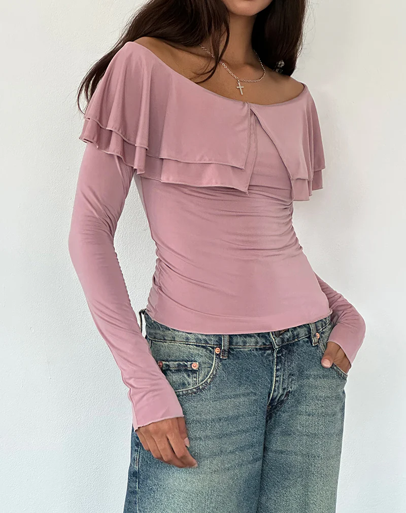 Annia Ruffle Bardot Soft Touch Top in Pink - Awmao