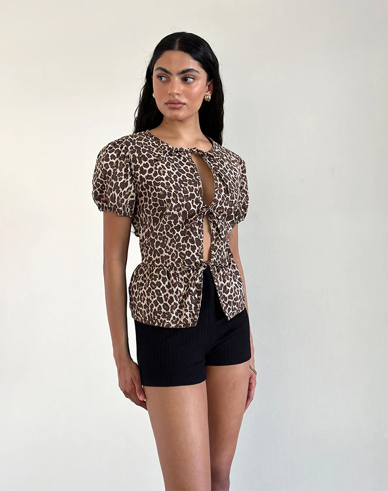 Ryota Tie Front Blouse in Leopard Sandstorm - Awmao