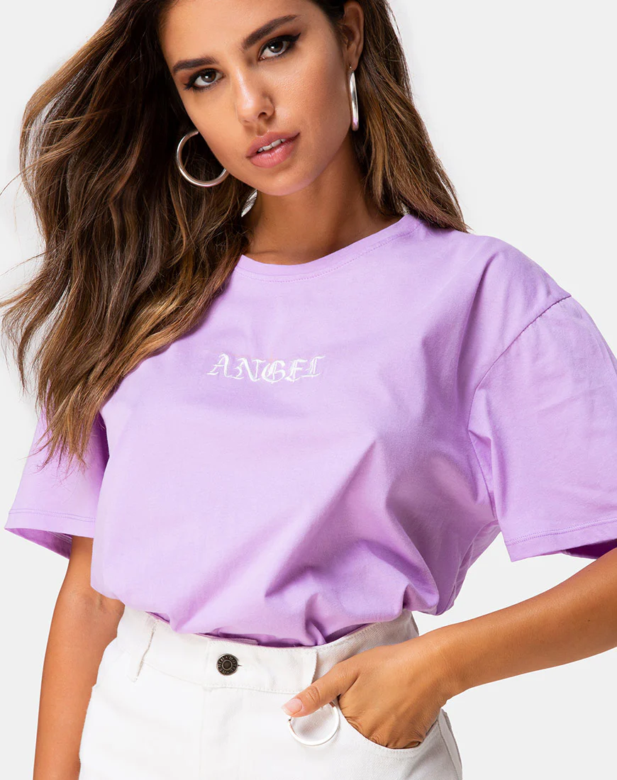 Oversize Basic Tee in Lilac with Angel Embro - Awmao