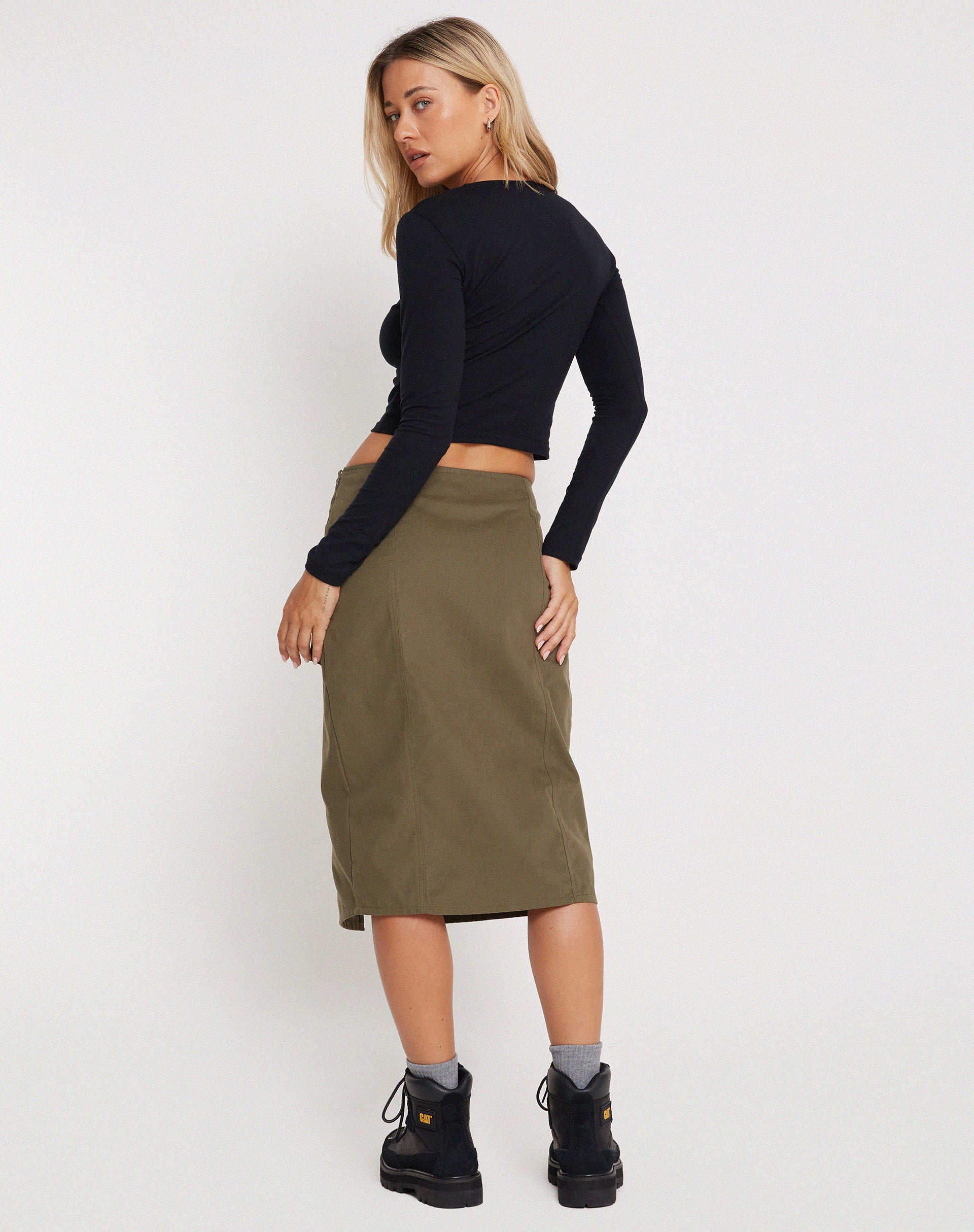 Catriona Midi Skirt in Military Khaki - Awmao