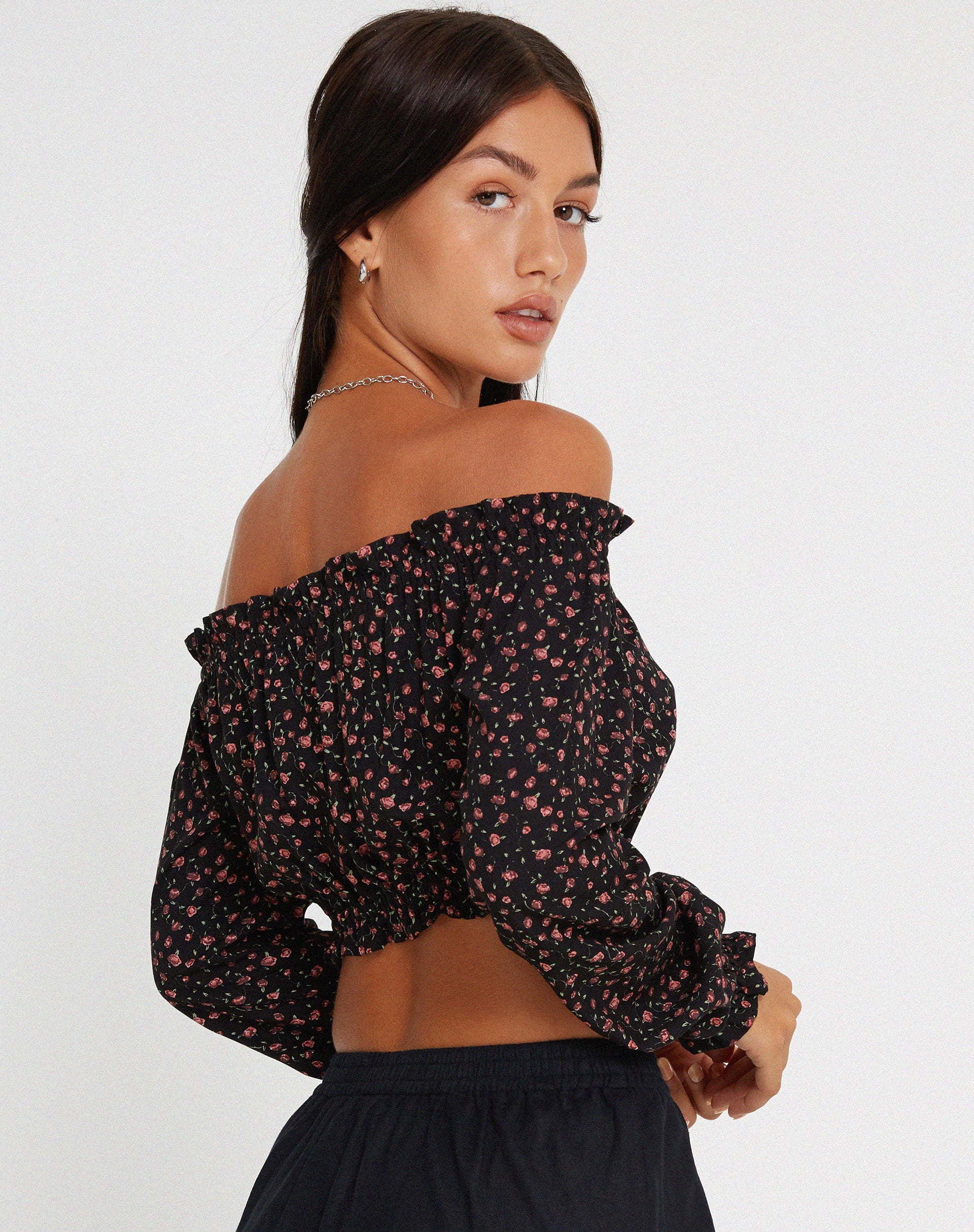 Madley Long Sleeve Bardot Top in Dark Pink Rose Black - Awmao