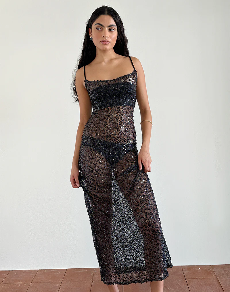 Darsih Maxi Dress in Sequin Mesh Black - Awmao