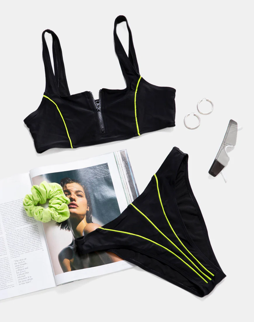 Shielle Bikini Top in Black with Contrast Piping - Awmao
