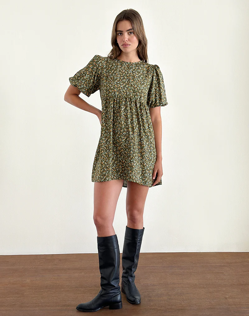 Marate Puff Sleeve Mini Dress in Grunge Floral Khaki - Awmao