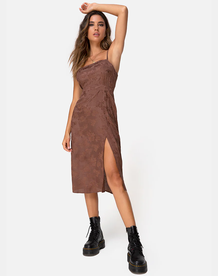 Kaoya Midi Dress in Satin Rose Chocolate - Awmao