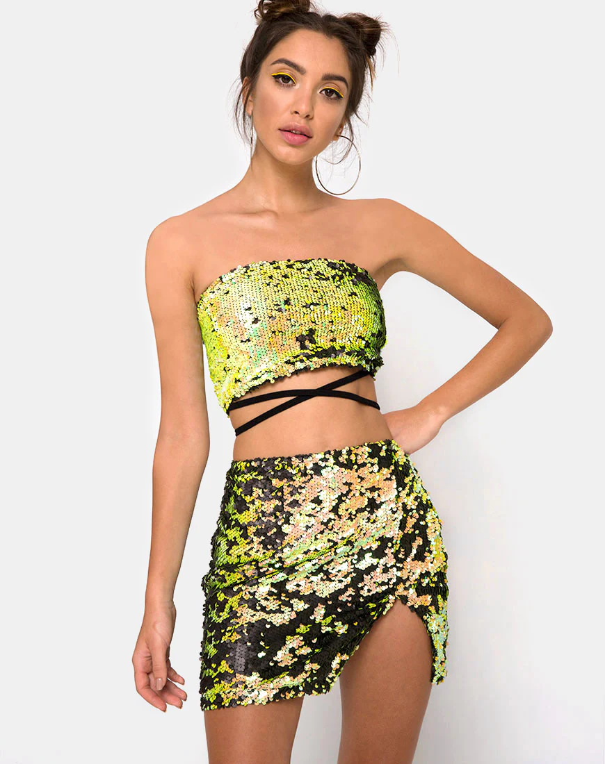 Cheri Split Skirt in Citrus Black Sequin - Awmao