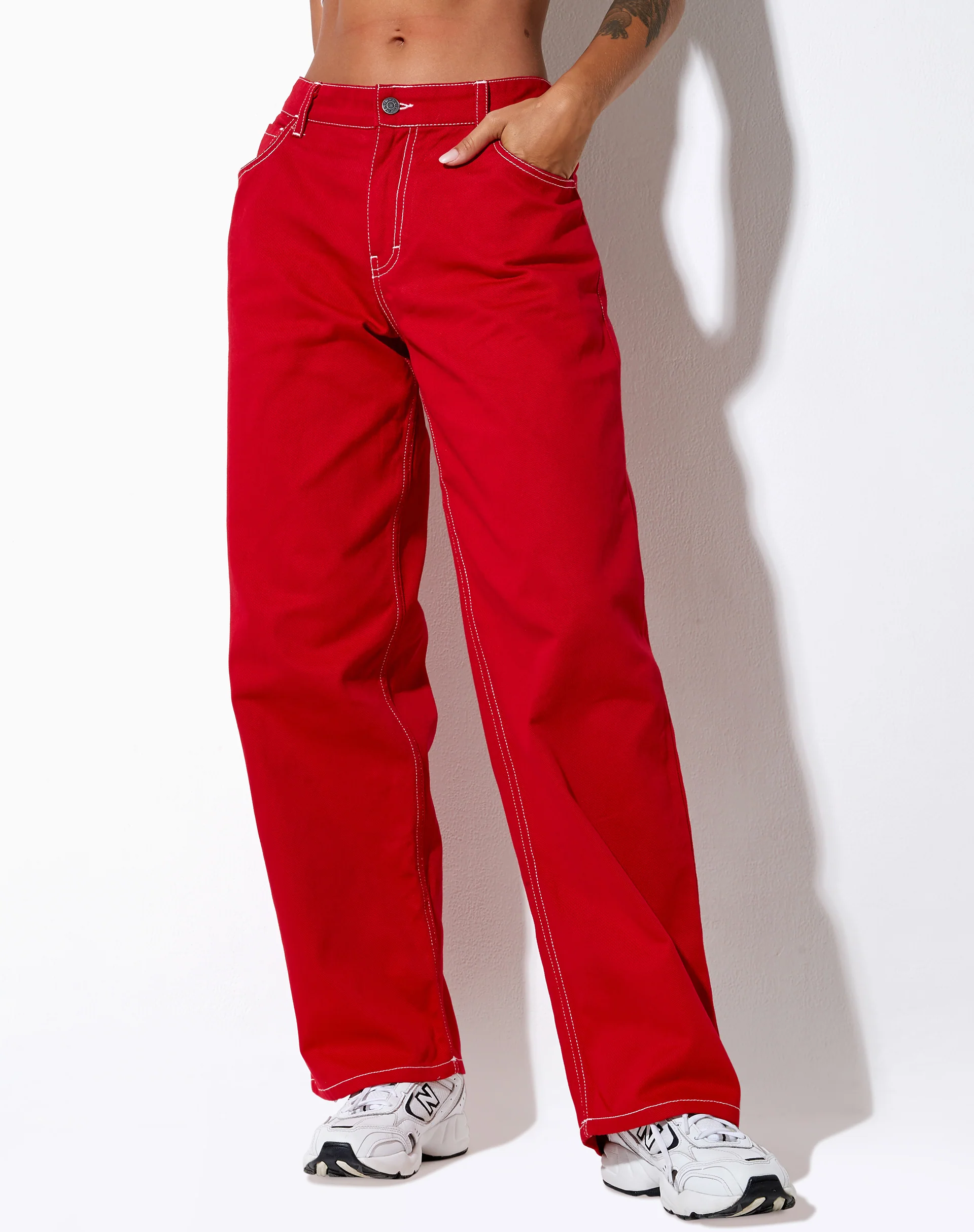 Athene Trouser in Racing Red White Stitch - Awmao