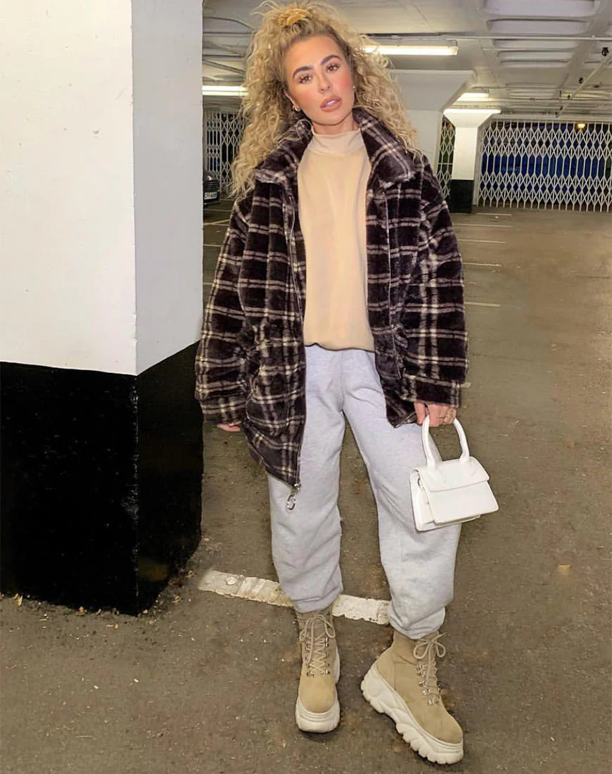 Teddy Coat in Brown Match Check - Awmao