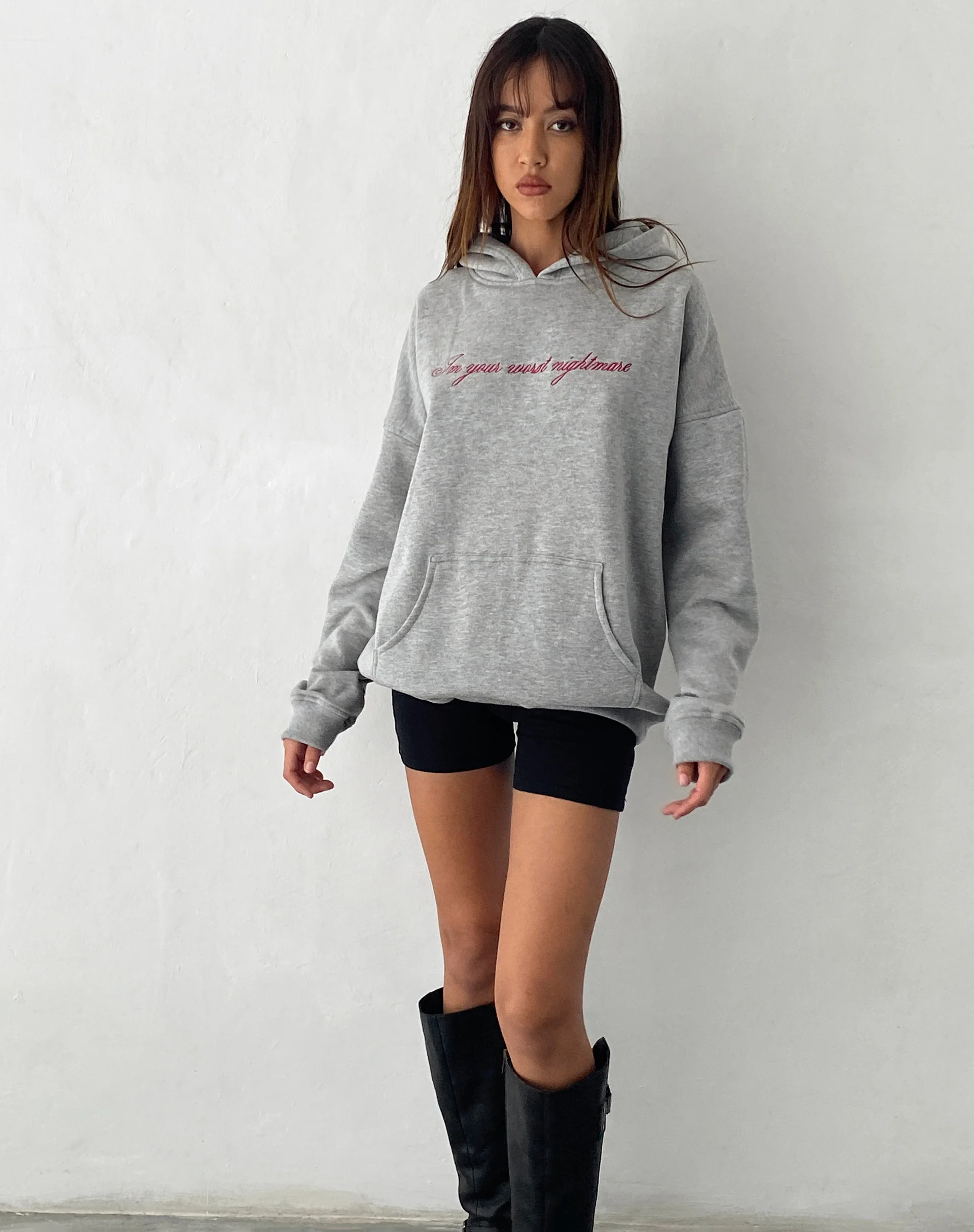 Oversized Hoodie in Grey Marl with Worst Nightmare Embroidery - Awmao