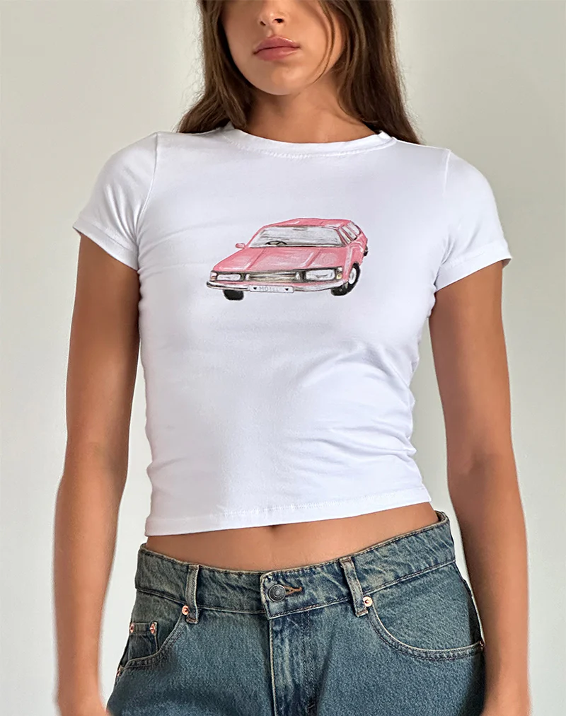 Sutin Baby Tee in White with Scribble Car Graphic - Awmao