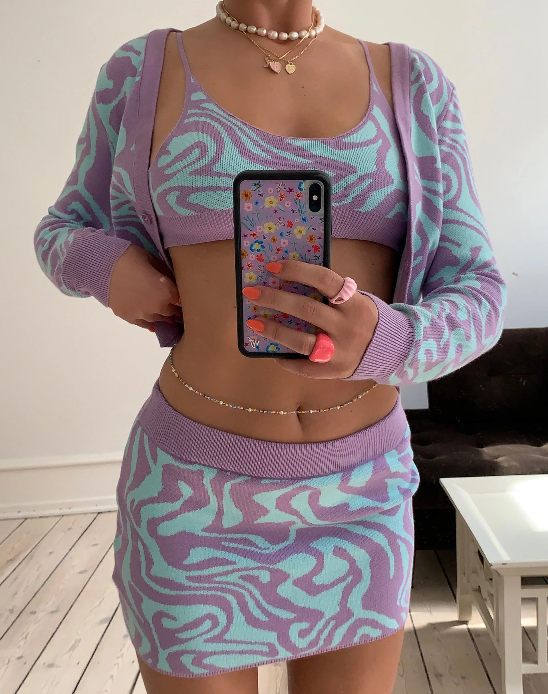 Hira Mini Skirt in Knit Jagged Swirl Lavender and Mint - Awmao