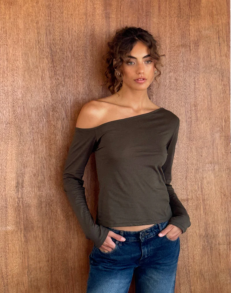 Ledez Asymmetrical Slouchy Top in Olive Tissue Jersey - Awmao