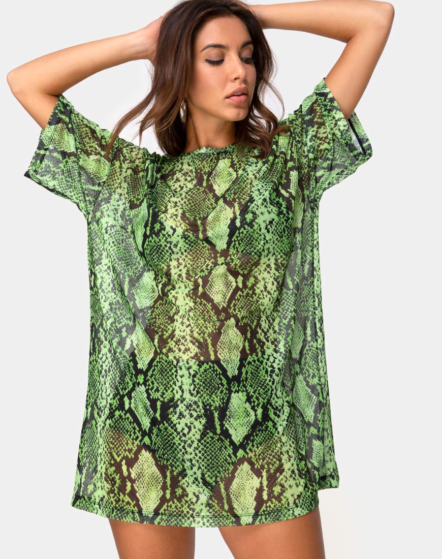 Sunny Kiss Oversize Tee in Slime Lime Snake Mesh - Awmao