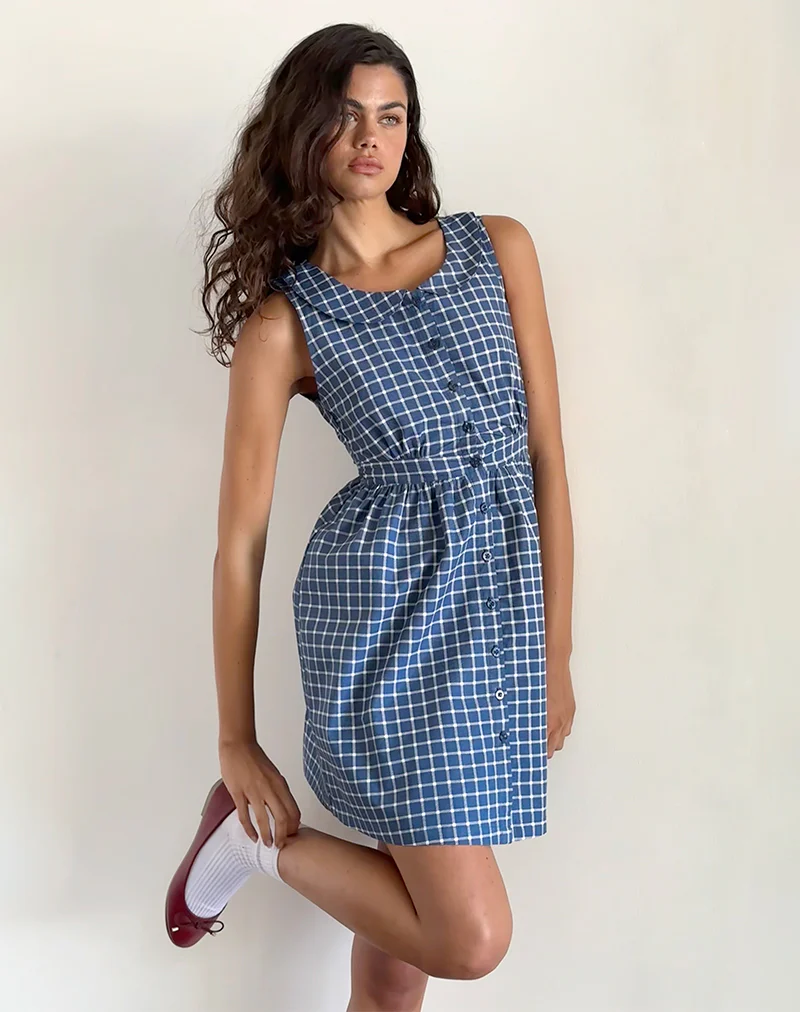 Sokasi Mini Dress in Navy Tartan - Awmao