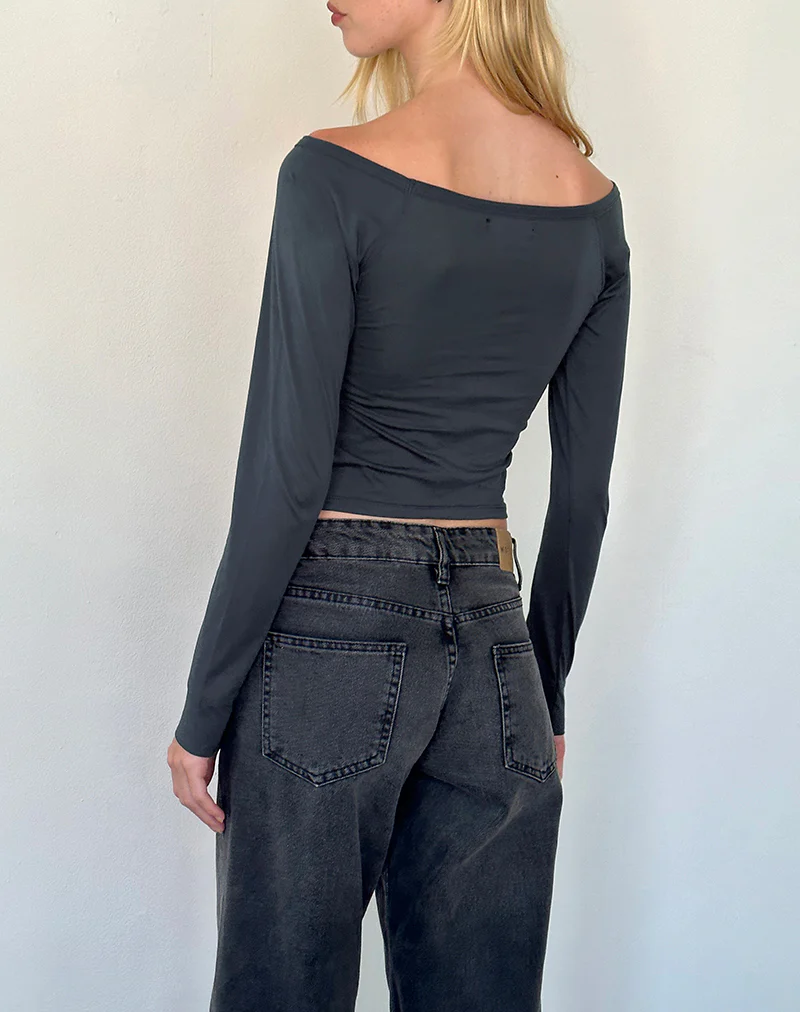 Gavya Long Sleeve Bardot Top in Ocean Storm Jersey - Awmao