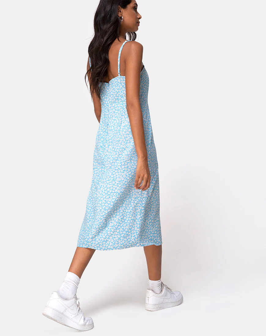 Kaoya Midi Dress in Ditsy Rose Blue - Awmao