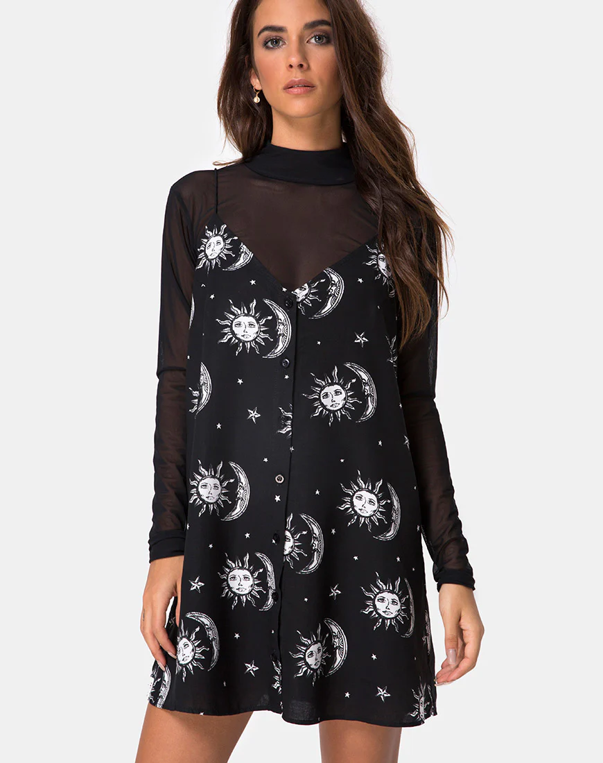 Sanna Slip Dress in Sun Moon Stars BW - Awmao