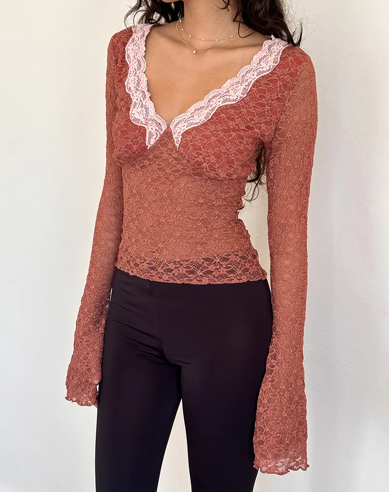 Chantal Long Sleeve Lace Top in Withered Rose - Awmao