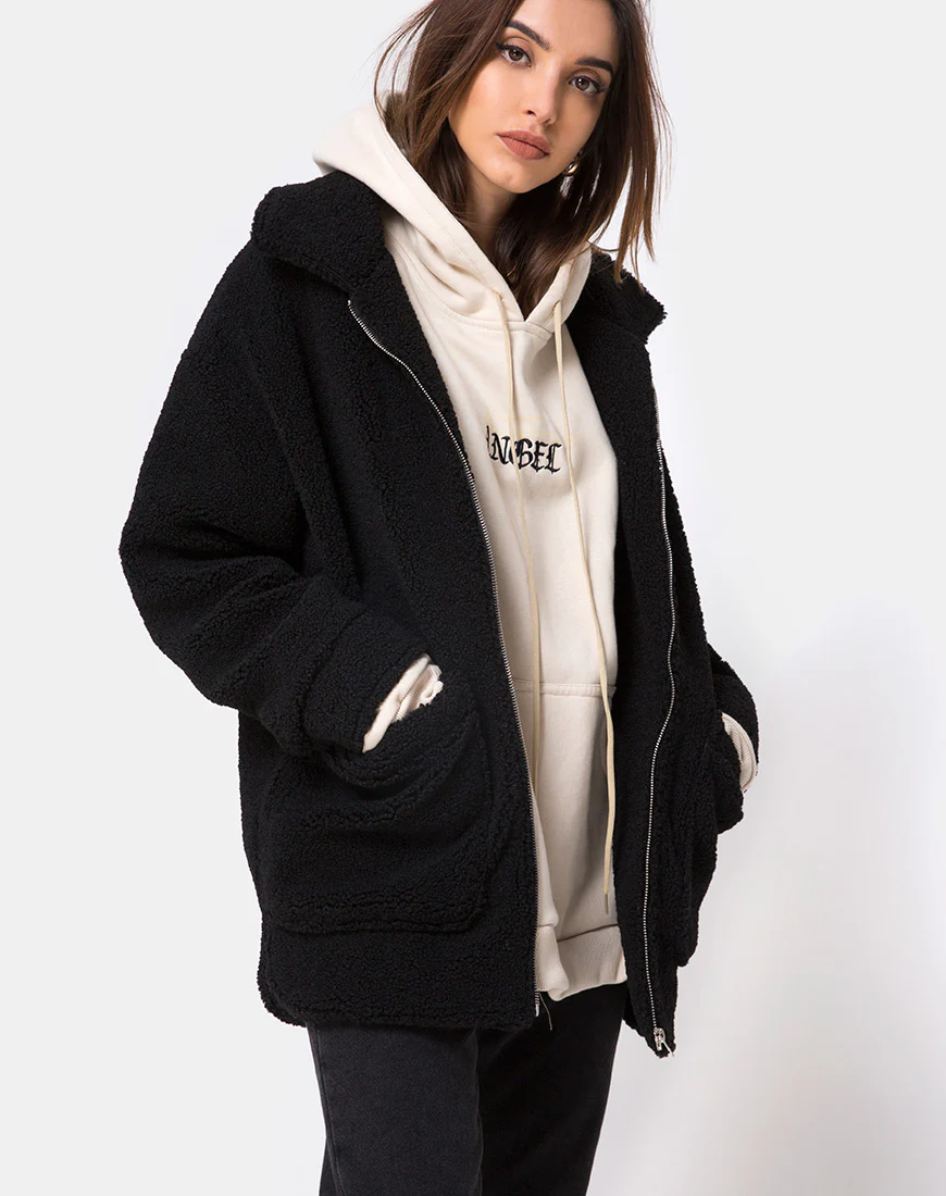 Teddy Bear Wool Coat in Black - Awmao