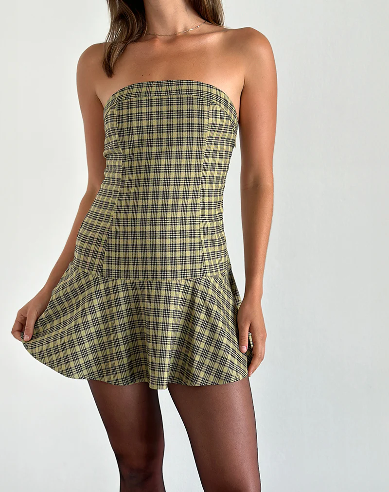 Hadia Bandeau Mini Dress in Check Yellow - Awmao